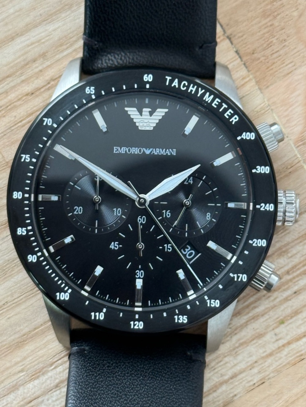 Emporio Armani Chronograph Men’s Watch New w/Tags IOB Black Dial Leather Strap